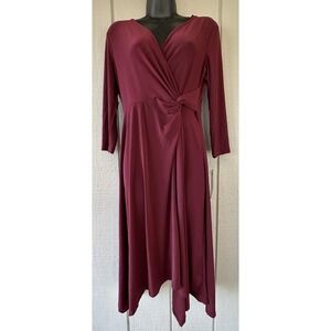 Perceptions New York Dress Womens Small Red Jersey Faux Wrap Asym Hem 3/4 Sleeve